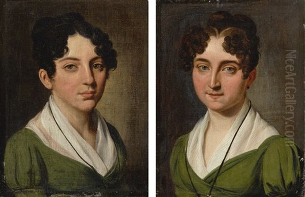 Portraits Of Two Young Woman, Bust Length, Dressed In Green Oil Painting by Louis Leopold Boilly