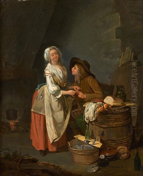 Le Jeune Commissionnaire Et La Cuisiniere Et Vieillard Presentant Un Melon A Une Fruitiere Oil Painting by Louis Leopold Boilly