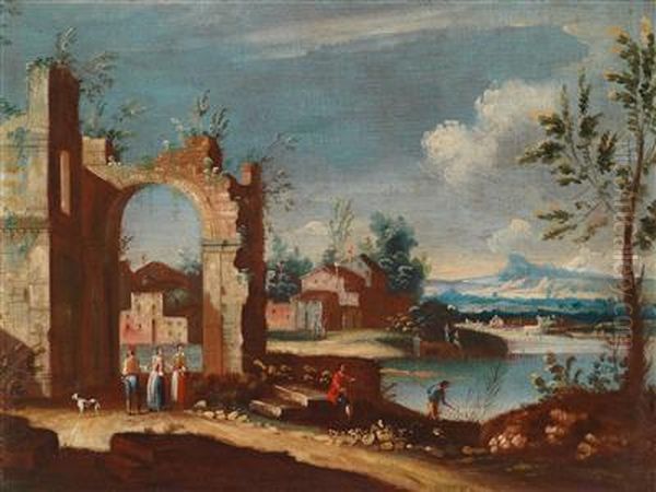 Weite Flusslandschaft Mit Ruinosem Stadttor Oil Painting by Francesco Albotto