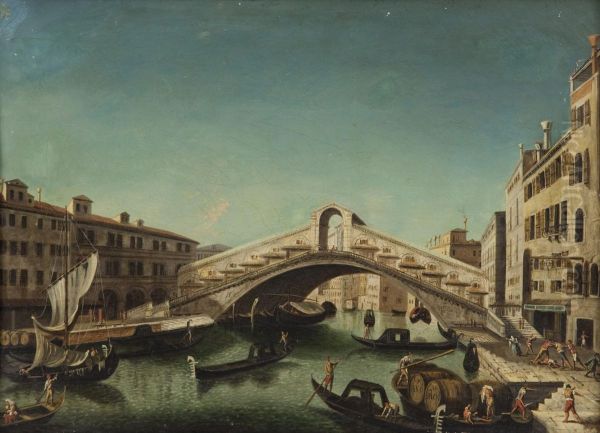 Il Ponte Di Rialto Visto Da Sud Con La Riva Del Carbone A Destra E Quella Del Vino A Sinistra Oil Painting by Francesco Albotto