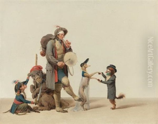 La Piece Curieuse: An Animal Trainer With Dancing Dogs, A Bear And Monkey Oil Painting by Louis Leopold Boilly