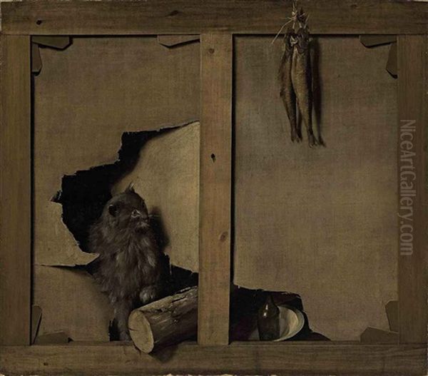 A Trompe-l'oeil With A Cat And A Wooden Log Through A Canvas, Fish Hanging From The Stretcher Oil Painting by Louis Leopold Boilly