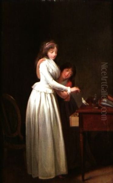 Jeune Mere Et Sa Fille Donnant La Becquee A Un Oiseau Oil Painting by Louis Leopold Boilly