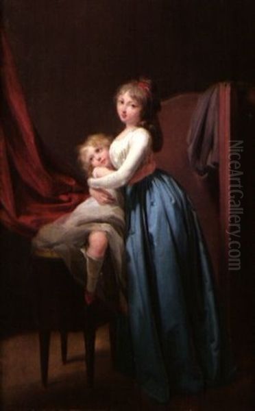 Jeune Femme A La Robe Bleue Prenant Son Enfant Dans Les Bras Oil Painting by Louis Leopold Boilly