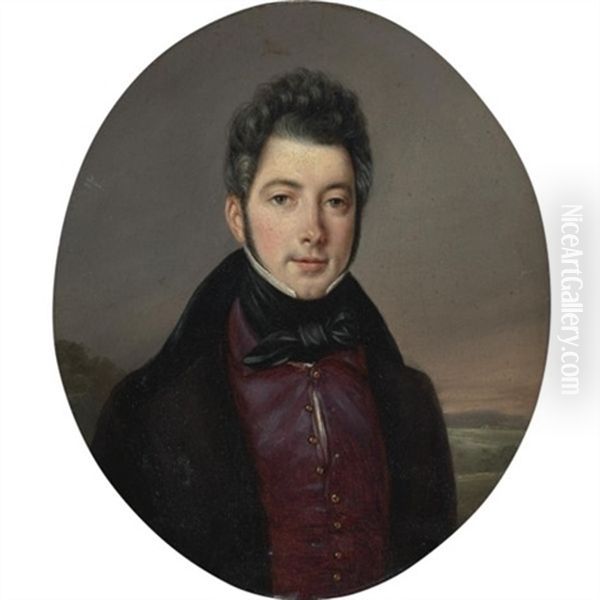 Portrait Of A Gentleman, Small Half-length, Wearing A Dark Coat And Red Vest, A Landscape Beyond Oil Painting by Louis Leopold Boilly