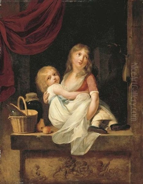 Two Girls At A Casement Above A Relief Of Putti, A Bottle In A Wicker Basket On A Ledge With A Jar And Fruit, A Statue Of A Woman Beyond Oil Painting by Louis Leopold Boilly