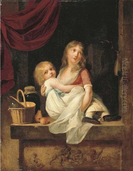 Two Girls At A Casement Above A Relief Of Putti, A Bottle In A Wicker Basket On A Ledge With A Jar And Fruit, A Statue Of A Woman Beyond Oil Painting by Louis Leopold Boilly