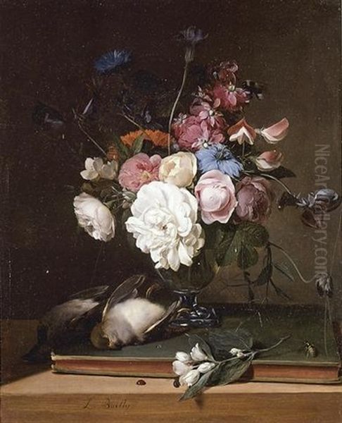 Still Life Of Flowers In A Glass Vase, Two Birds, A Branch Of Blossoms And An Insect All On A Table Oil Painting by Louis Leopold Boilly