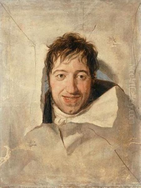 A Trompe-l'oeil With A Man's Head Through A Canvas (self-portrait?) Oil Painting by Louis Leopold Boilly