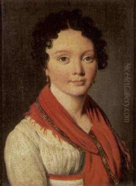 Portrait De Jeune Femme Au Chale Rouge Oil Painting by Louis Leopold Boilly