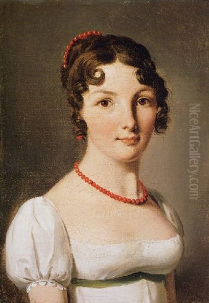 Portrait Of A Lady In A White Dress With A Red Necklace Oil Painting by Louis Leopold Boilly