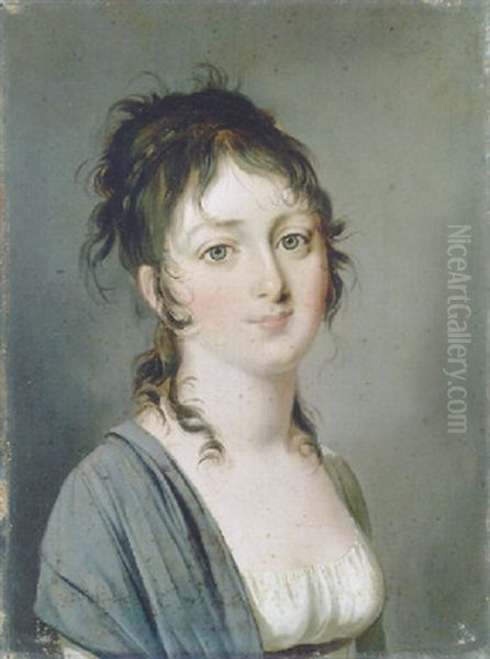 Portrait Of Comtesse Francois Aldegonde In A White Dress With A Blue Shawl Oil Painting by Louis Leopold Boilly