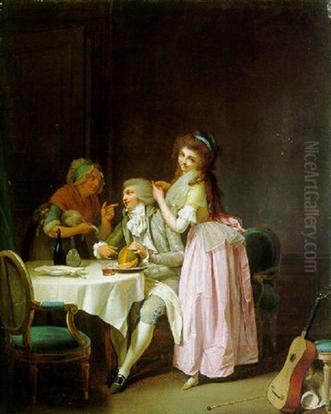 Young Couple At A Table: La Moquerie Oil Painting by Louis Leopold Boilly