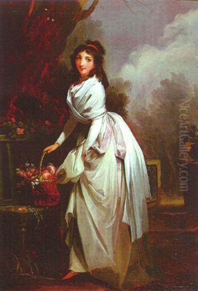 Jeune Femme Deposant Un Panier De Fleurs Sur Un Banc Oil Painting by Louis Leopold Boilly