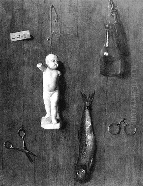 A Trompe-l'oeil Still Life Of Objects Including Two Glass Bottles, A Fish, Glasses, Scissors And A Statuette All Tacked To A Wood Wall Oil Painting by Louis Leopold Boilly