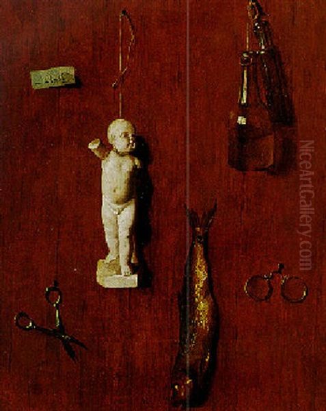 A Trompe-l'oeil Still Life Of Objects All Tacked To A Wood Wall Oil Painting by Louis Leopold Boilly