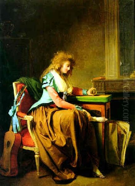 A Lady Seated By A Table And Holding A Miniature Portrait Of A Man Oil Painting by Louis Leopold Boilly