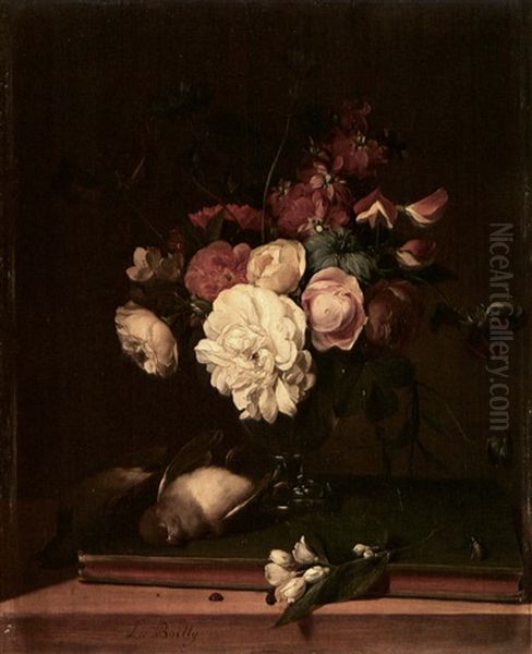 Still Life Of Flowers In A Glass Vase, Two Birds, Another   Branch Of Blossoms And An Insect All On A Table Oil Painting by Louis Leopold Boilly