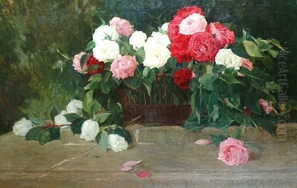 Still Life Of Roses In A Basket 'c. Albrecht. 18' (centre Right) Oil Painting by Karl Albrecht