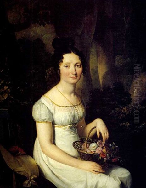 Portrait Of A Lady Wearing A White Dress And Holding A Basket Of Flowers Oil Painting by Louis Leopold Boilly