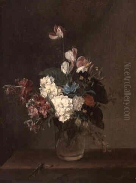 Still Life With Garden Flowers In A Glass Vase And          Dragonfly Oil Painting by Louis Leopold Boilly