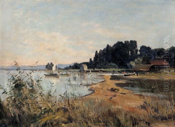 Bords Du Lac De Neuchatel, A Colombier Oil Painting by Charles Edouard du Bois