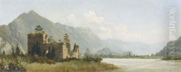 Sonnige Flusspartie Mit Burgruine Und Bergkette Oil Painting by Charles Edouard du Bois