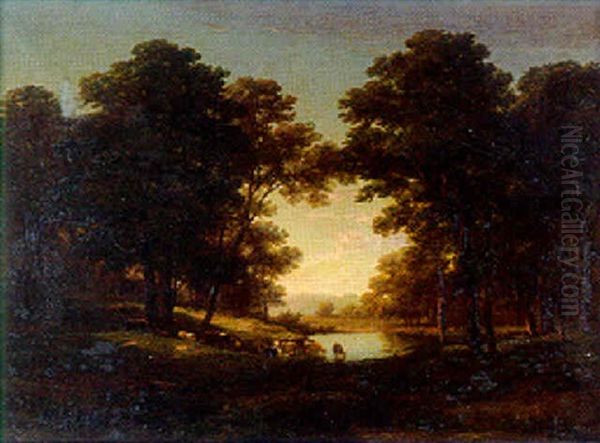 Paysage A L'etang Et Au Troupeau Oil Painting by Charles Edouard du Bois