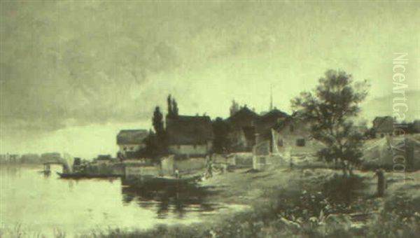 River Side Village Oil Painting by Charles Edouard du Bois