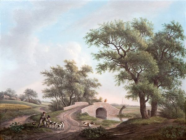 Young Hunters With Their Dogs Near A Bridge Oil Painting by Chretien du Bois