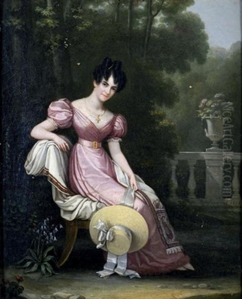 Portrait De Jeune Femme A La Robe De Satin Rose, Assise Sur Une Terrasse A Balustrade Oil Painting by Charles Boulanger de Boisfremont