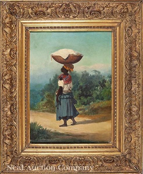 Woman With A Basket On Her Head In A Tropical Landscape Oil Painting by Alfred W. Boisseau