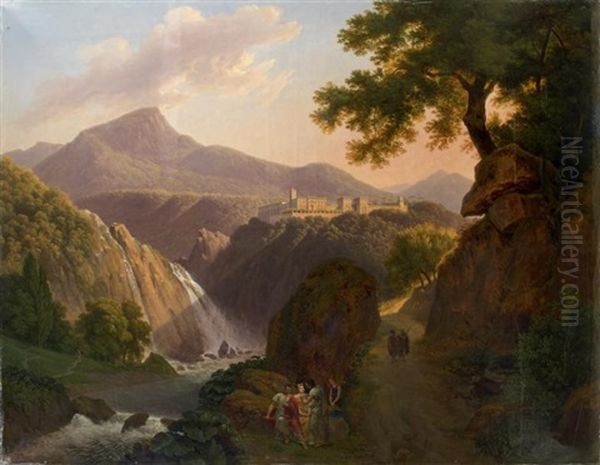 Vue D'une Vallee Italienne Avec Une Villa Pres D'une Cascade Oil Painting by Antoine-Felix (Boisselier le Jeune) Boisselier