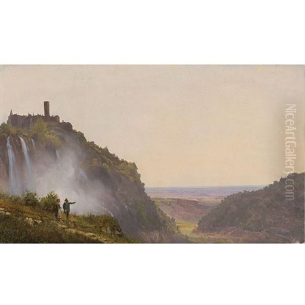 Extensive Italian Landscape By Waterfalls With Two Figures Pointing At The Valley Oil Painting by Antoine-Felix (Boisselier le Jeune) Boisselier