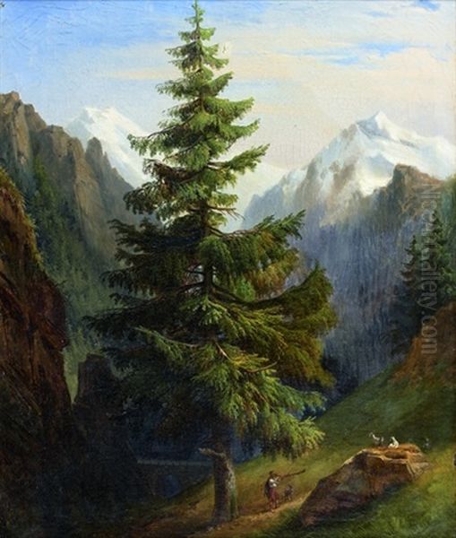 Paysage Alpestre Anime D'un Berger Et De Son Troupeau by Antoine-Felix (Boisselier le Jeune) Boisselier