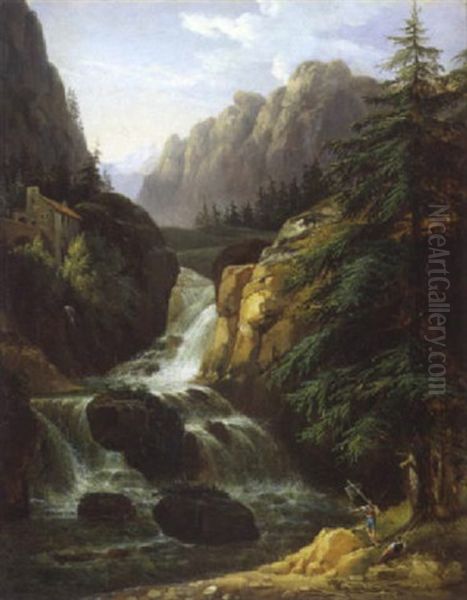 Pecheurs Pres D'une Cascade Dans Les Environs De Cauterets, Le Massif De Vignemale Oil Painting by Antoine-Felix (Boisselier le Jeune) Boisselier