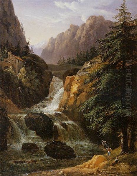 Paysage De Cascade Anime De Pecheurs Oil Painting by Antoine-Felix (Boisselier le Jeune) Boisselier