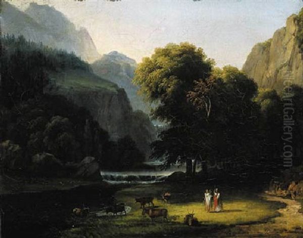 A Wooded River Landscape With Apollo And Mercury (?) Oil Painting by Antoine-Felix (Boisselier le Jeune) Boisselier