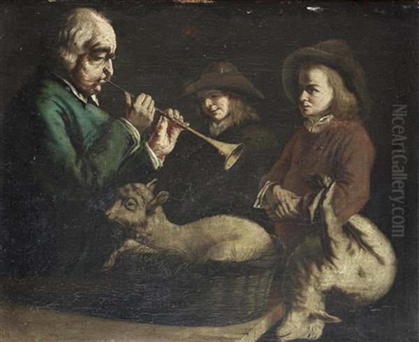 A Man Playing The Shawm Before Two Shepherd Boys, With A Lamb On His Lap Oil Painting by Jean-Jacques De Boissieu