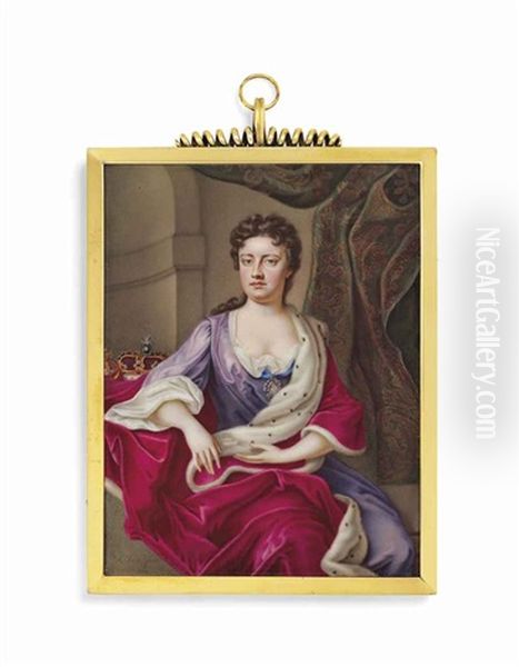 Queen Anne (1665-1714), Seated, In Purple Dress With Red Ermine Trimmed Robe, Interior Background Oil Painting by Charles Boit