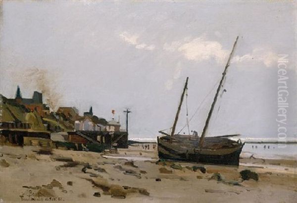 Ships On A Beach, Villerville, France, 1881 Oil Painting by Edward Darley Boit