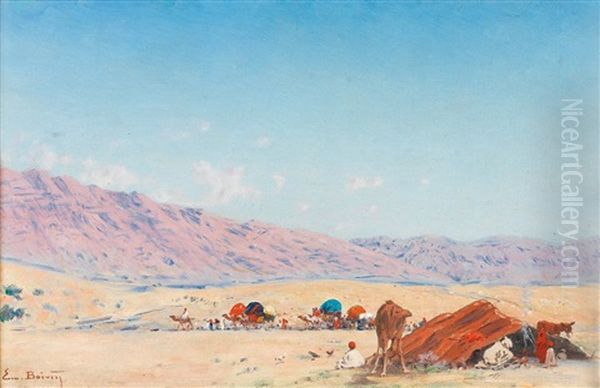 Passage De La Caravane Devant Un Campement Oil Painting by Emile Boivin