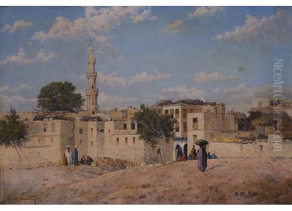 Ansicht Einer Nordafrikanischen, Arabischen Stadt Mit Hausern Und Minarett Sowie Figurenstaffage Oil Painting by Emile Boivin