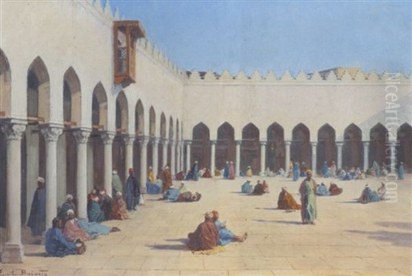 La Cour De La Mosquee, El-azar, Le Caire Oil Painting by Emile Boivin