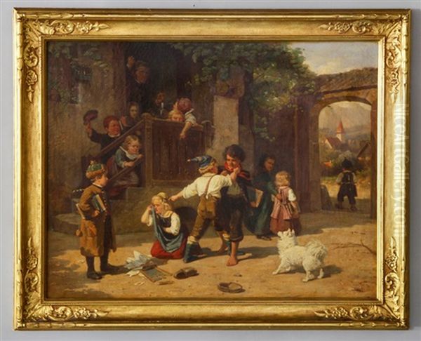 Depicting A Schoolyard Scene With Children And Schoolmaster Oil Painting by Karl Boeker