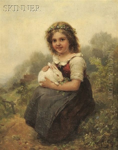 Portrait Of A Young Girl Seated With A Rabbit Oil Painting by Karl Boeker