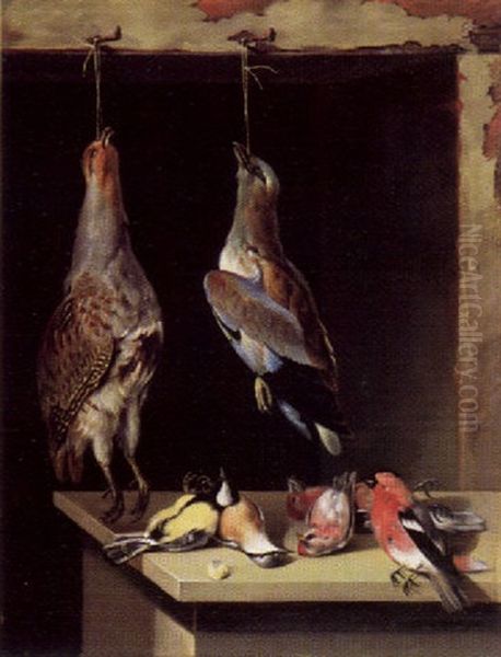 Jagdstilleben Mit Erlegten Vogeln, Die Vom Fensterbalken Hangen Und Auf Dem Tisch Liegen Oil Painting by Lambert Van Bokkelen