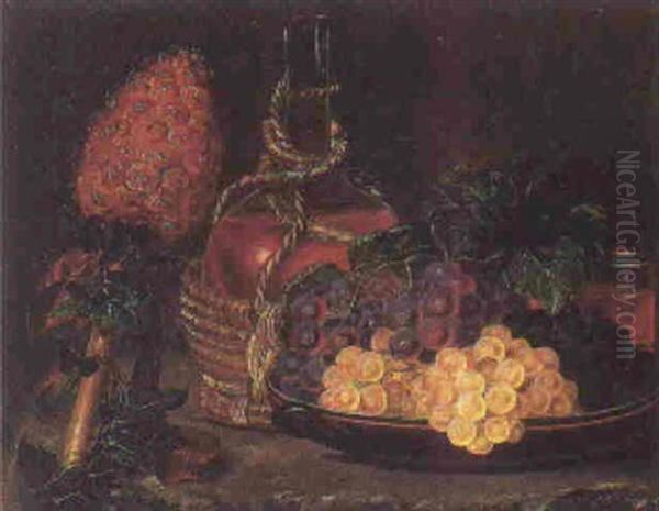 Opstilling Med Chiantiflaske, Ananas, Vinlov Samt Druer Pa Et Fad Oil Painting by Olivia Frederikke Sophie Bokkenheuser