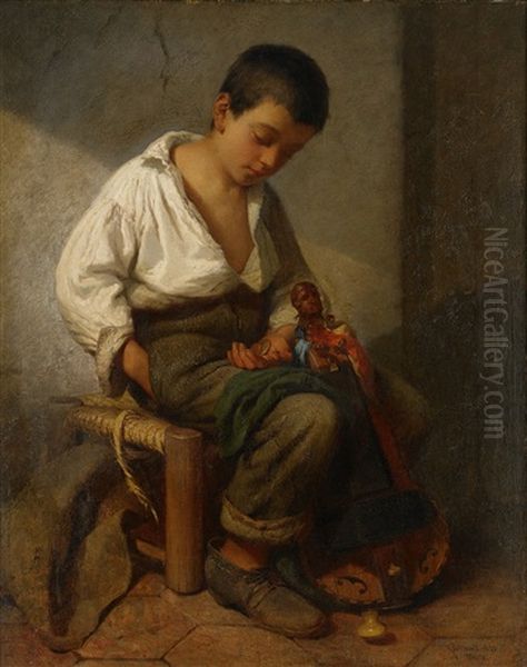 Savoyardgosse Som Lagar Sitt Instrument Oil Painting by Johan Kristofer Boklund