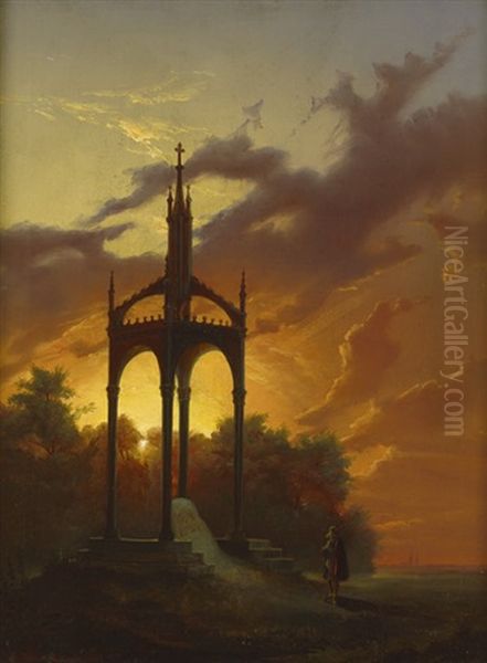 Sonnenuntergang Uber Dem Gustav Adolf Monument Von Karl Friedrich Schinkel In Lutzen Oil Painting by Johan Kristofer Boklund